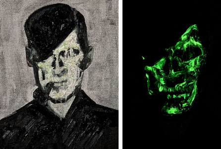 A diptych by Canadian painter Kim Dorlan. The left composition is a black-and-white portrait of a short haired figure smoking a pipe. He smirks. The right, the planes of a neon green skull picked out of the dark.