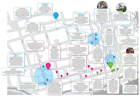 An illustrated map showing events and openings at Toronto Nuit Blanche. accompanies Sara Angel's article Three Ways to Navigate Nuit Blanche
