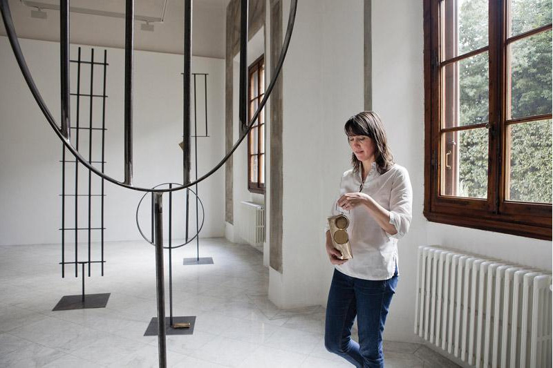 Shannon Bool with works from her Gitterskulpturen series (2012) in the exhibition hall of Villa Romana, Florence, Italy, April 2013. Photo Giulia Del Piero