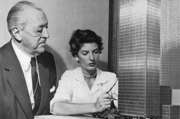 Architect Mies van der Rohe, and Canadian Centre for Architecture (CCA) Founder Phyllis Lambert, and the model of the Seagram Building from The Seagram Spotlight, October 1955 published by Joseph E. Seagram and Sons, Inc. Phyllis Lambert fonds, Canadian Centre for Architecture.