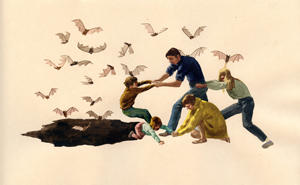 Nicholas Aoki, Stephen Appleby-Barr, Christopher Buchan, and Lauchie Reid as Team Macho, Caution Bats, collage. Illustration accompanies Sara Angel's article 