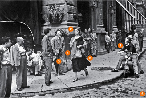 Annotated copy of Ruth Orkin's photograph 