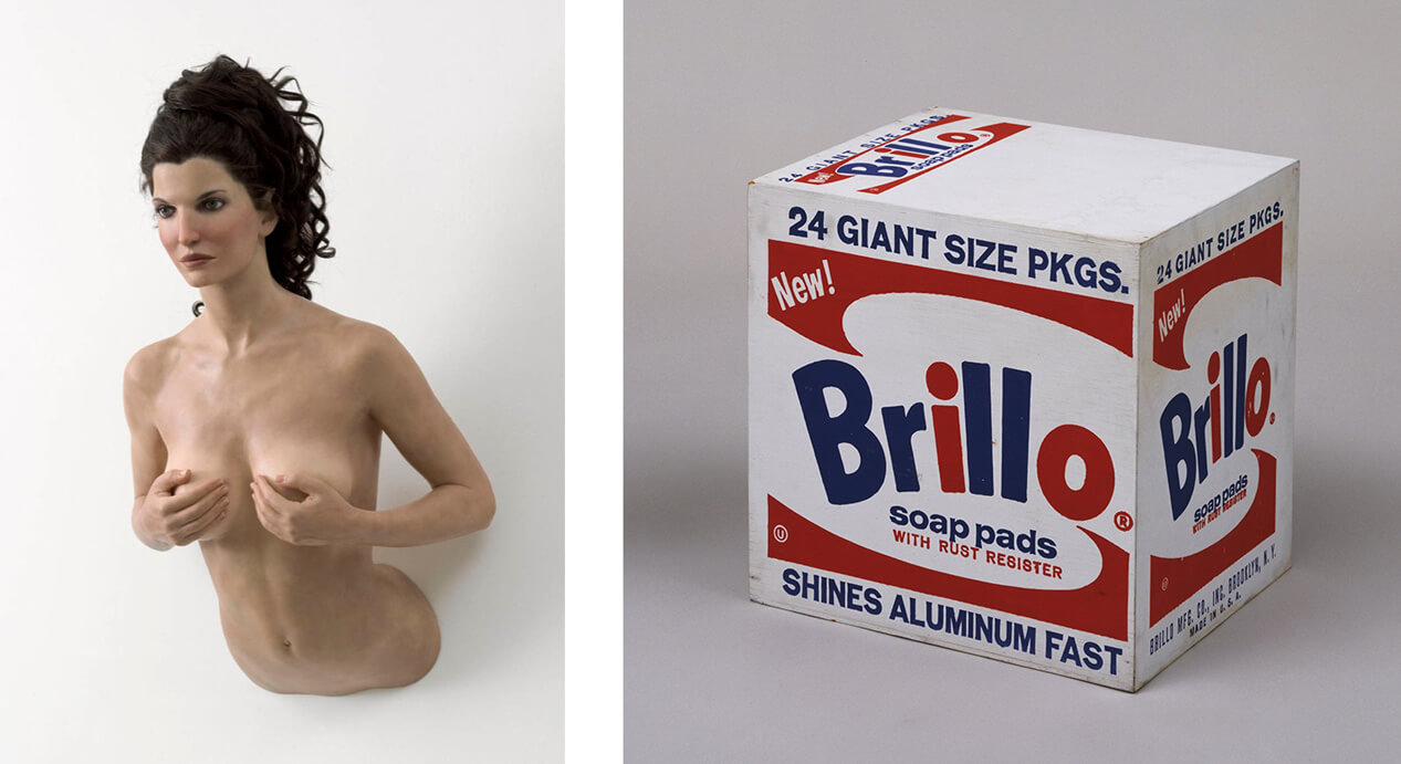 Left: Maurizio Cattelan's Stephanie (2003). Right: Andy Warhol's Brillo Box (Soap Pads) 1964. These two images accompany Sara Angel's review Don Thompson's book the Supermodel and the Brillo Box.