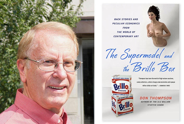 Left: Portrait of author and economics professor Don Thompson. Thompson wears a pink polo, glasses, and looks into the camera with parted lips. Right: The cover of Don Thompson's book 