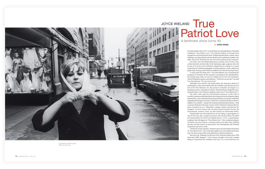 Scan of the first page of Sara Angel's 2018 article about Canadian artist Joyce Wieland for Canadian Art. The image on the left side of the spread shows Wieland in black and white, taken during her time in New York.