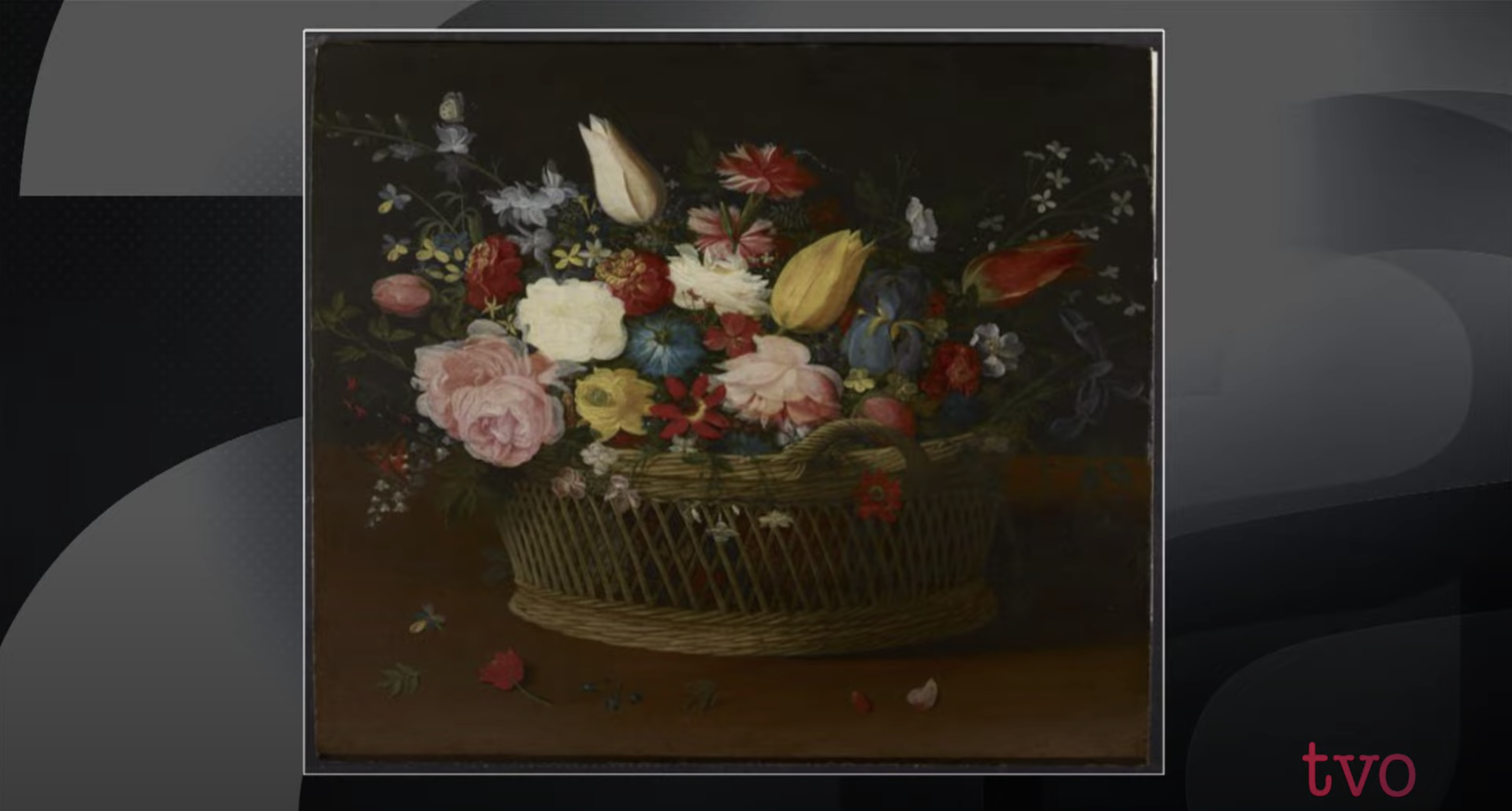 Jan van Kessel's painting Still Life with Floweras being shown on CBC's The Agenda during an interview with Sara Angel and Steve Paikin.