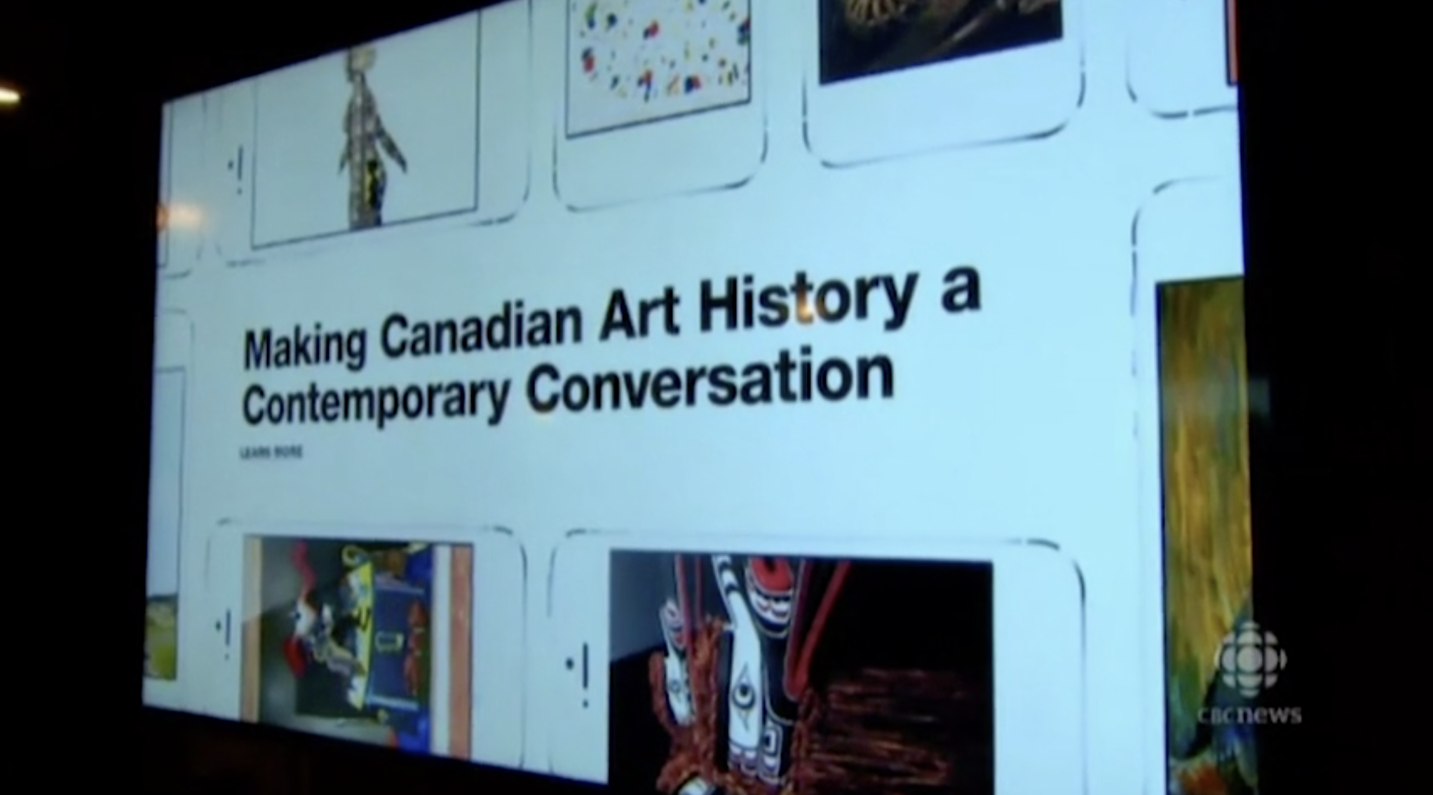 Screen showing the Art Canada Institute website during launch party hosted by Sara Angel.